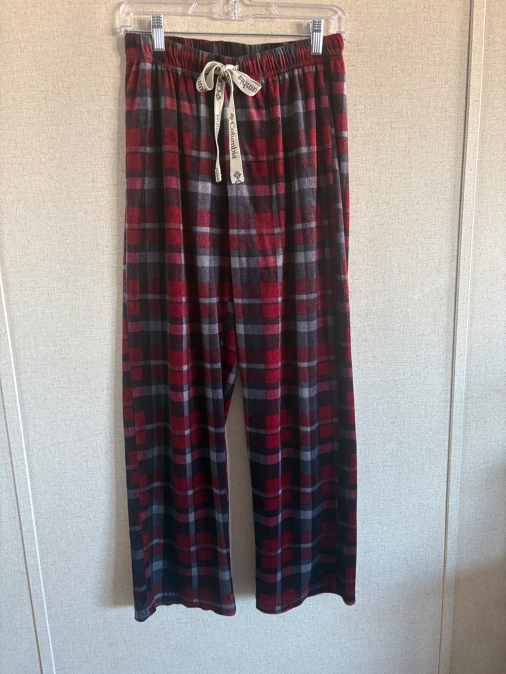 Columbia Mens Small Plaid Fleece Pajama Sleep Pants Lounge Bottoms Red Gray